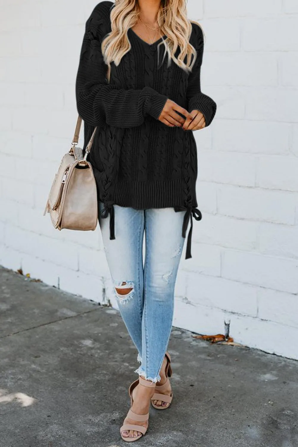 Black Love Letters Cable Knit Lace Up Sweater