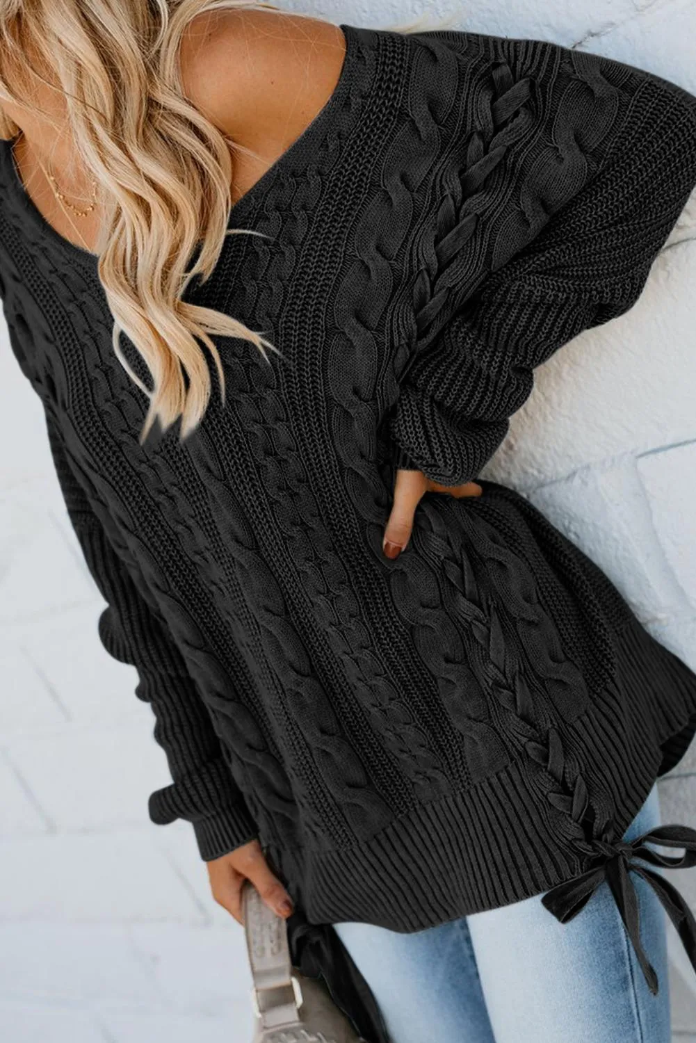 Black Love Letters Cable Knit Lace Up Sweater