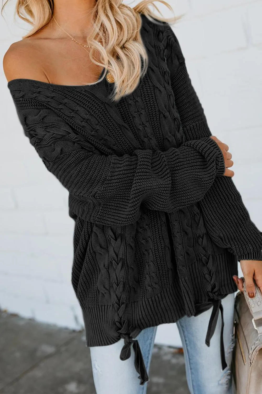Black Love Letters Cable Knit Lace Up Sweater