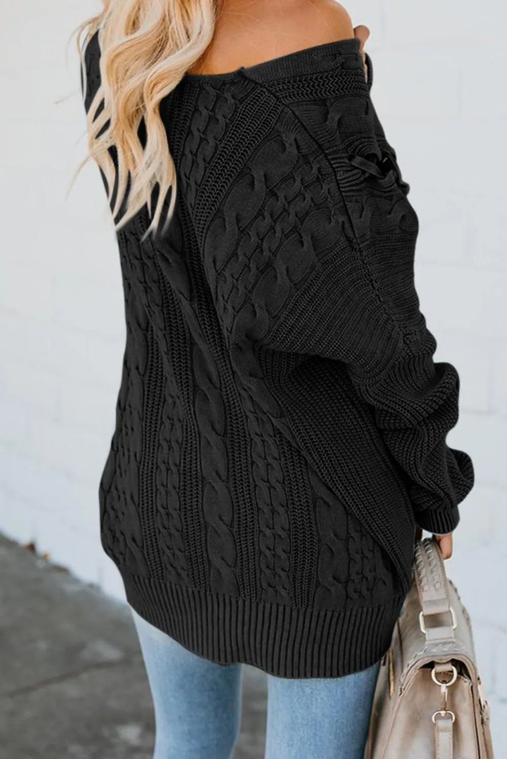 Black Love Letters Cable Knit Lace Up Sweater