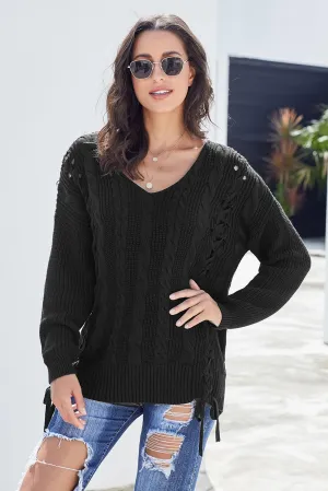 Black Love Letters Cable Knit Lace Up Sweater