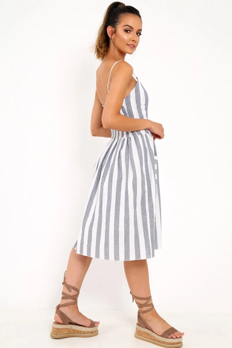 Blue And White Stripe Button Up Dress - Lilyanne