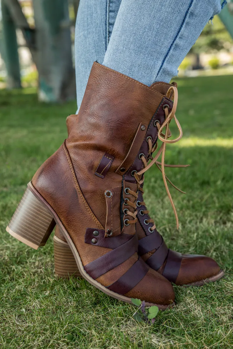 Brown Patch Work Combat Ankle Boot