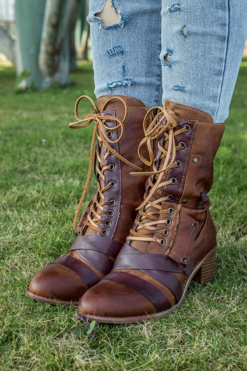 Brown Patch Work Combat Ankle Boot
