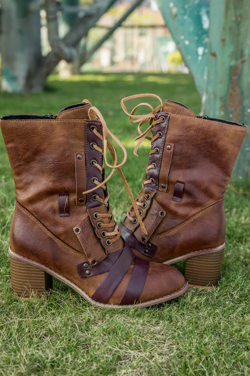 Brown Patch Work Combat Ankle Boot