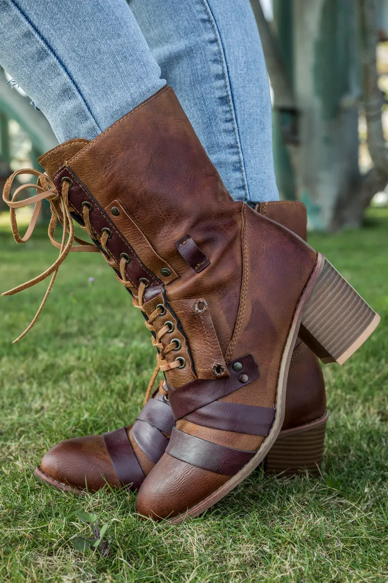 Brown Patch Work Combat Ankle Boot