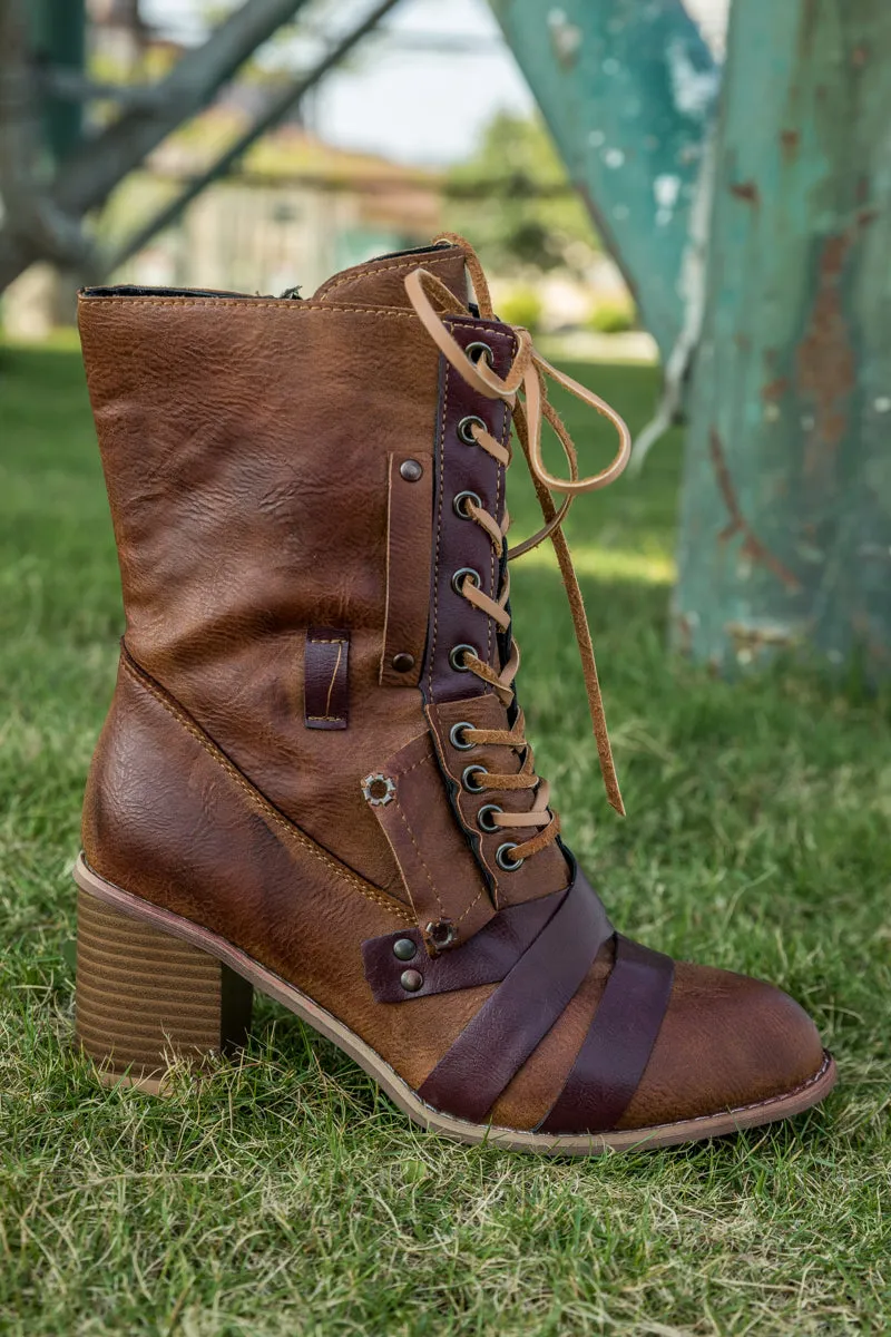 Brown Patch Work Combat Ankle Boot