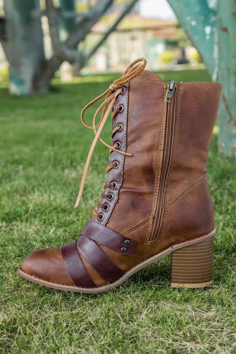 Brown Patch Work Combat Ankle Boot