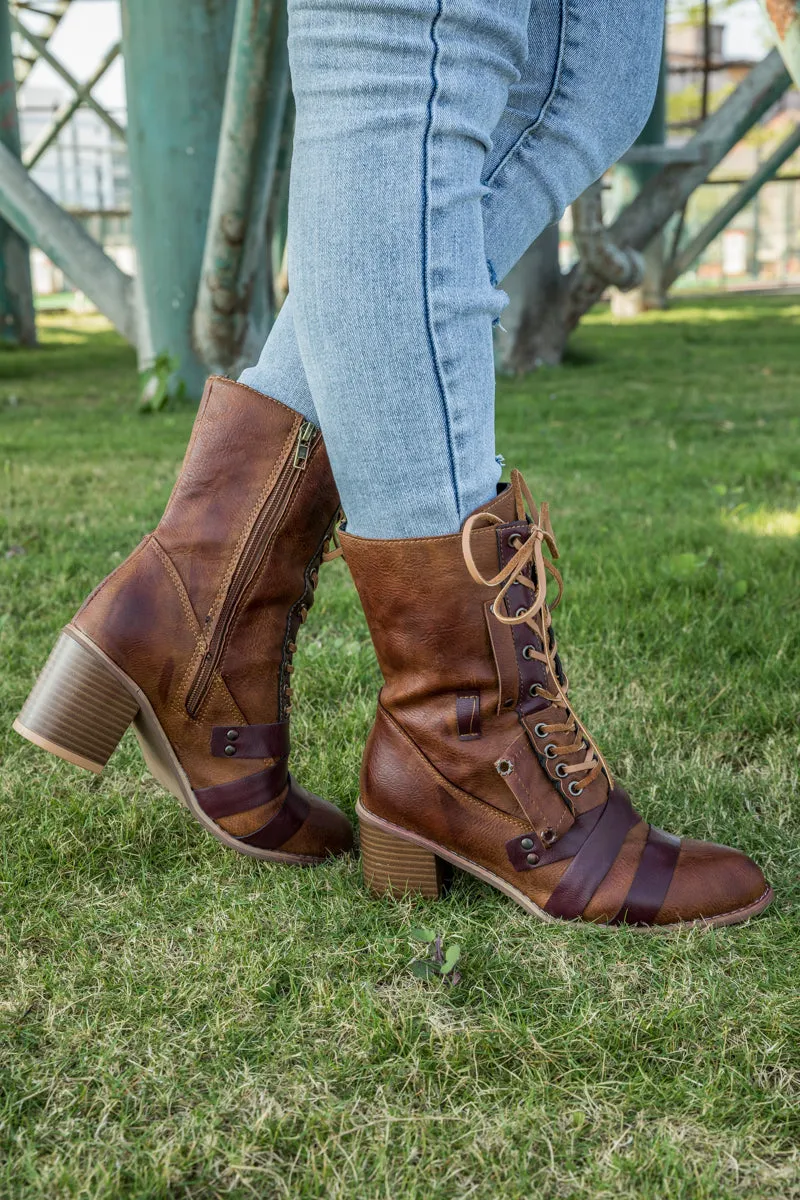 Brown Patch Work Combat Ankle Boot