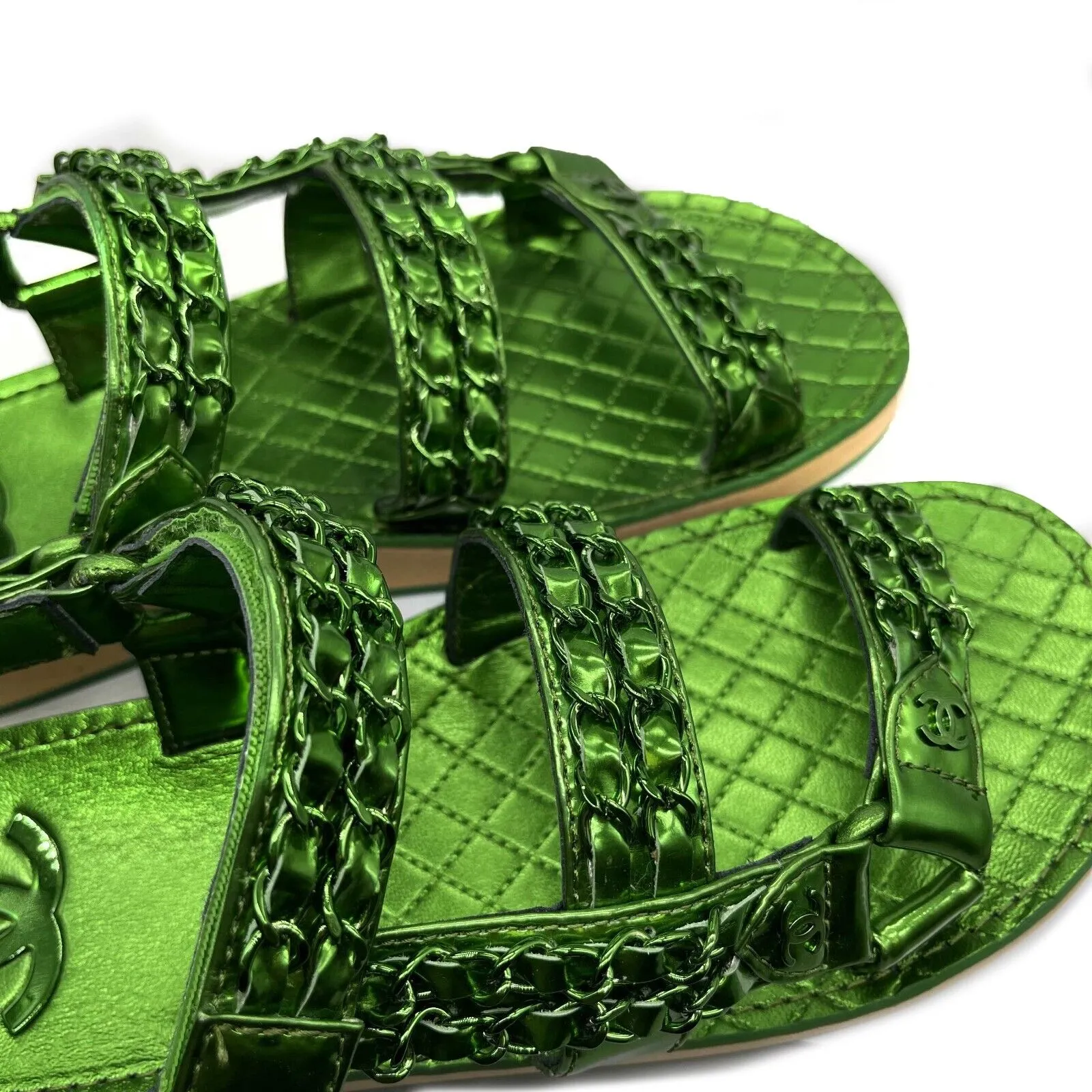 Chanel New w/ Tags 22S NIB Metallic Green Dad Sandals 37 Green US 7 Cgaub