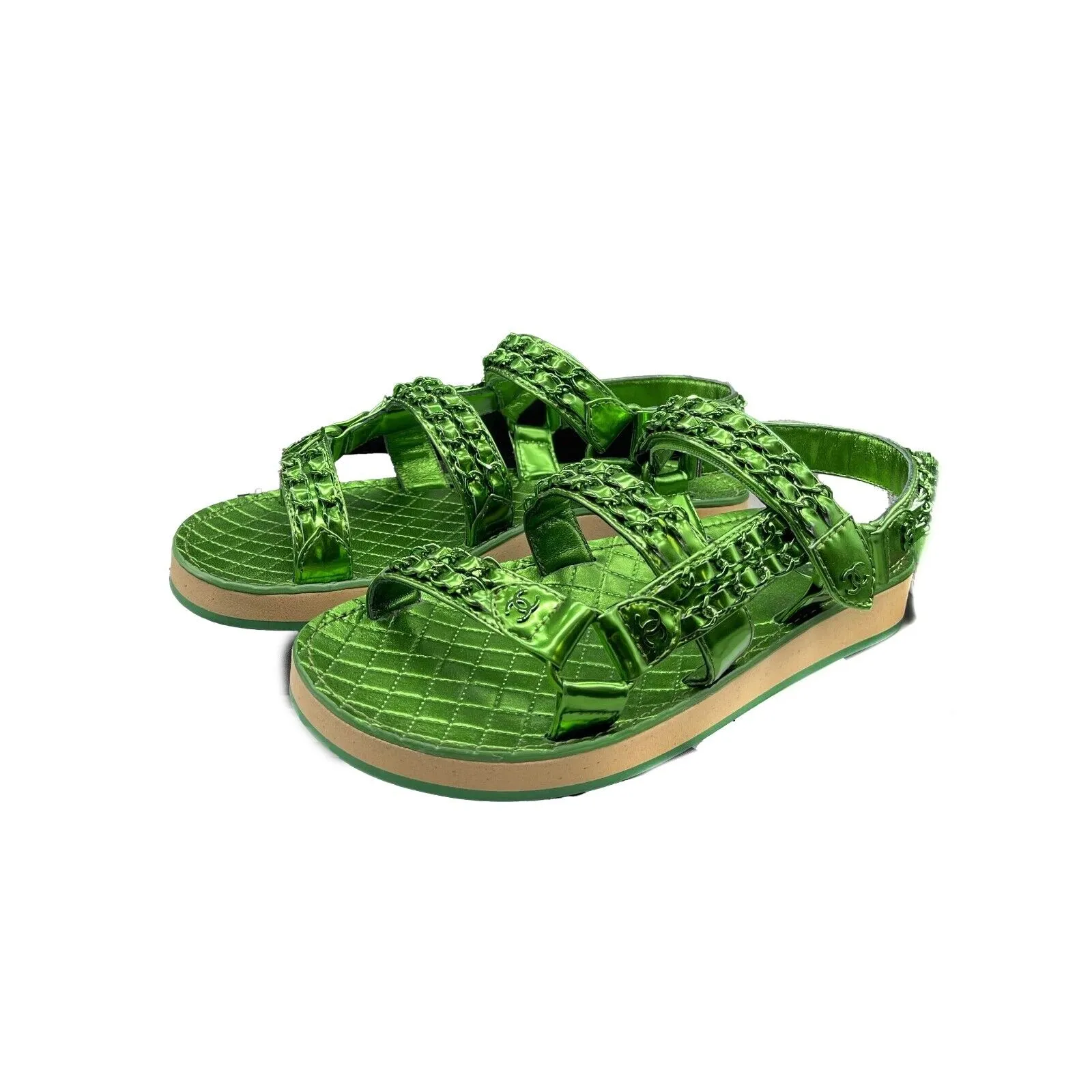Chanel New w/ Tags 22S NIB Metallic Green Dad Sandals 37 Green US 7 Cgaub