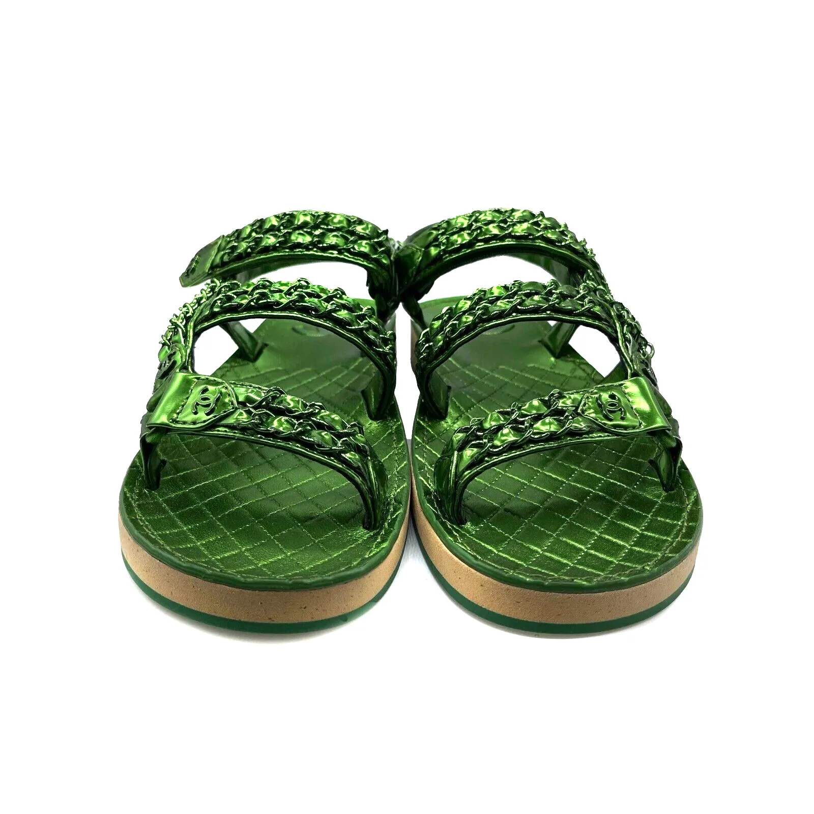 Chanel New w/ Tags 22S NIB Metallic Green Dad Sandals 37 Green US 7 Cgaub