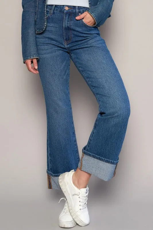 Dark High Rise Cuffed Cropped Boot Cut Jeans