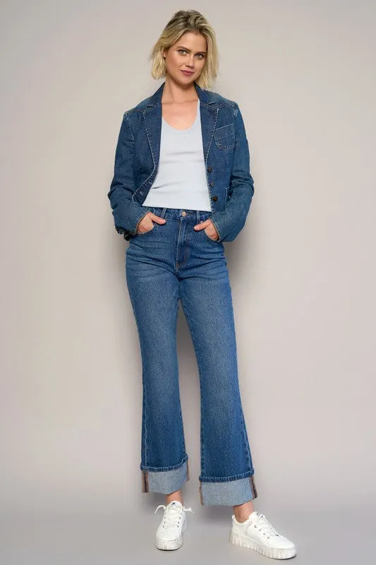 Dark High Rise Cuffed Cropped Boot Cut Jeans