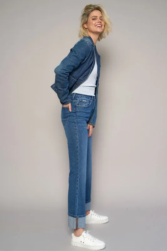 Dark High Rise Cuffed Cropped Boot Cut Jeans