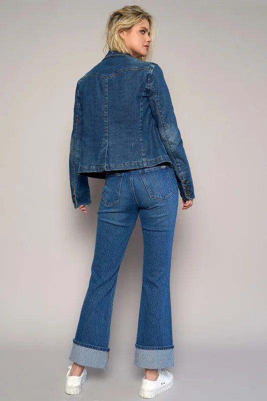 Dark High Rise Cuffed Cropped Boot Cut Jeans