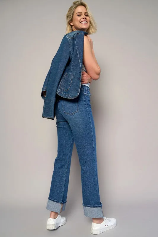 Dark High Rise Cuffed Cropped Boot Cut Jeans