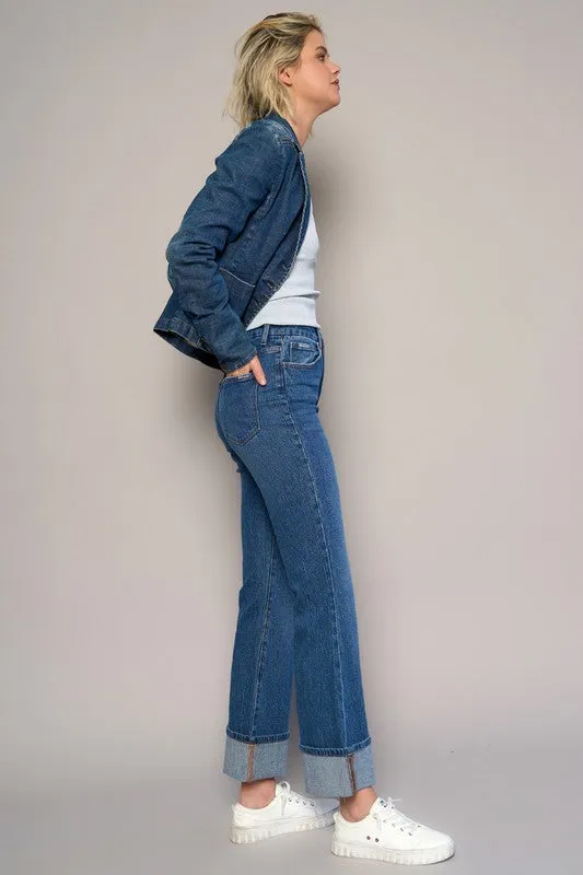 Dark High Rise Cuffed Cropped Boot Cut Jeans