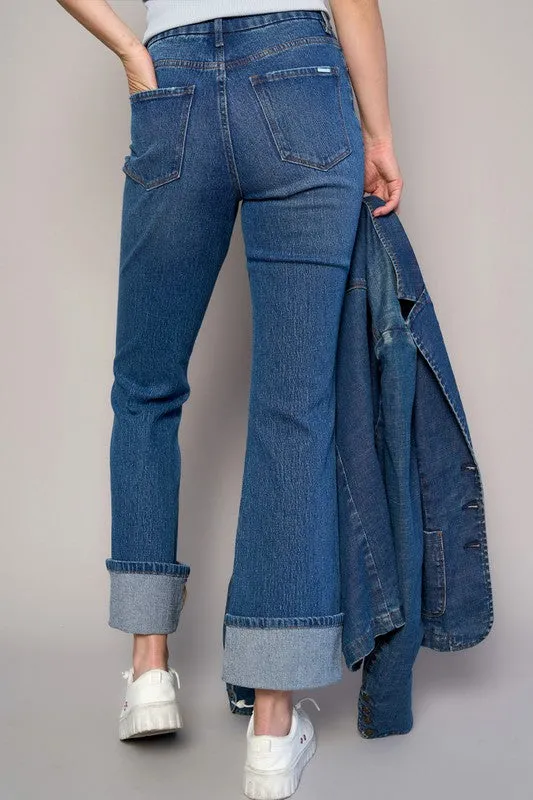 Dark High Rise Cuffed Cropped Boot Cut Jeans