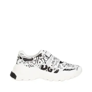 DOLCE & GABBANA KIDS NAPPA LEATHER DAYMASTER SNEAKERS WITH GRAFFITI PRINT NERO-WHITE