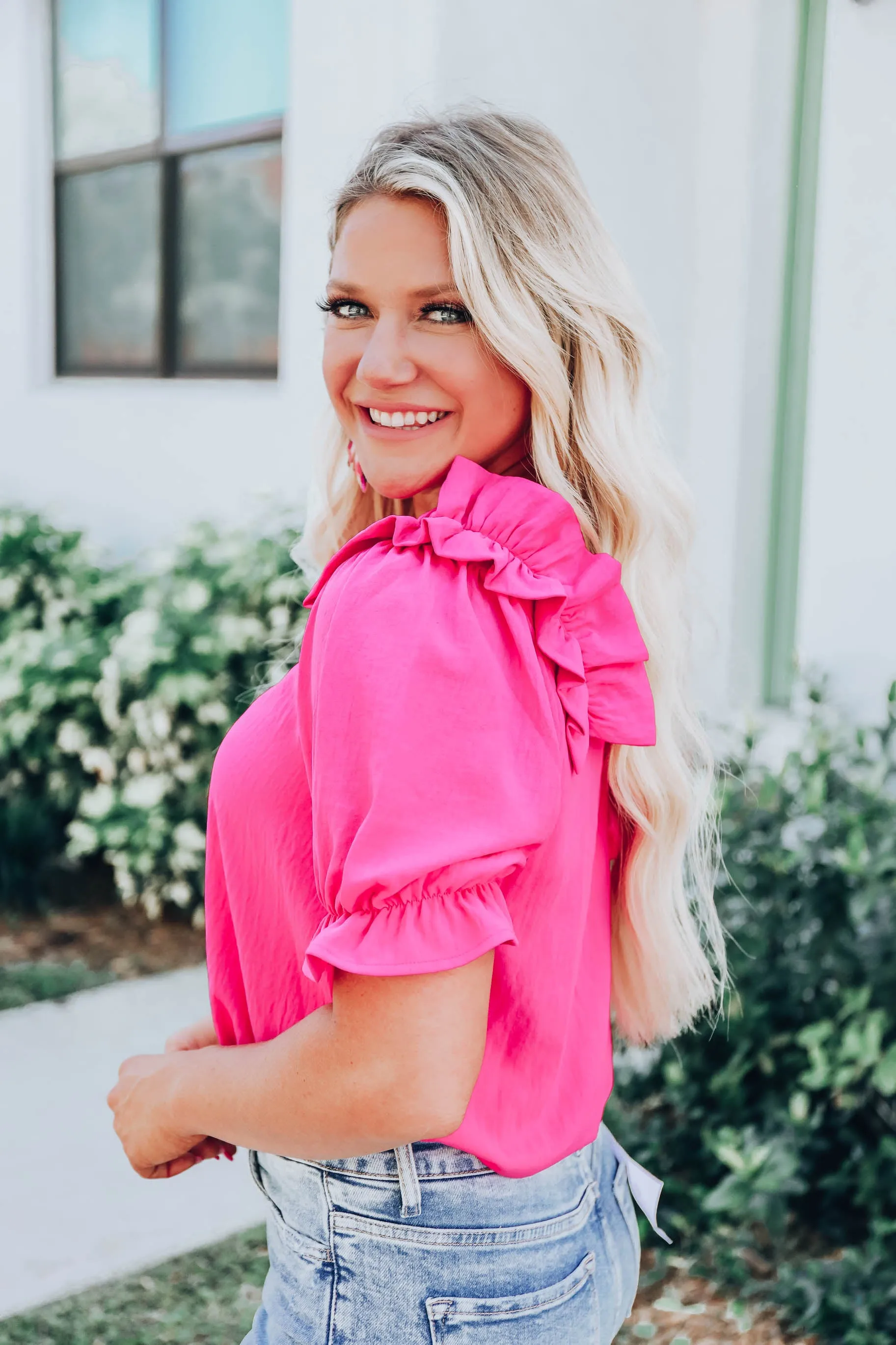 Essie Puff Sleeve Blouse - Hot Pink S-3X