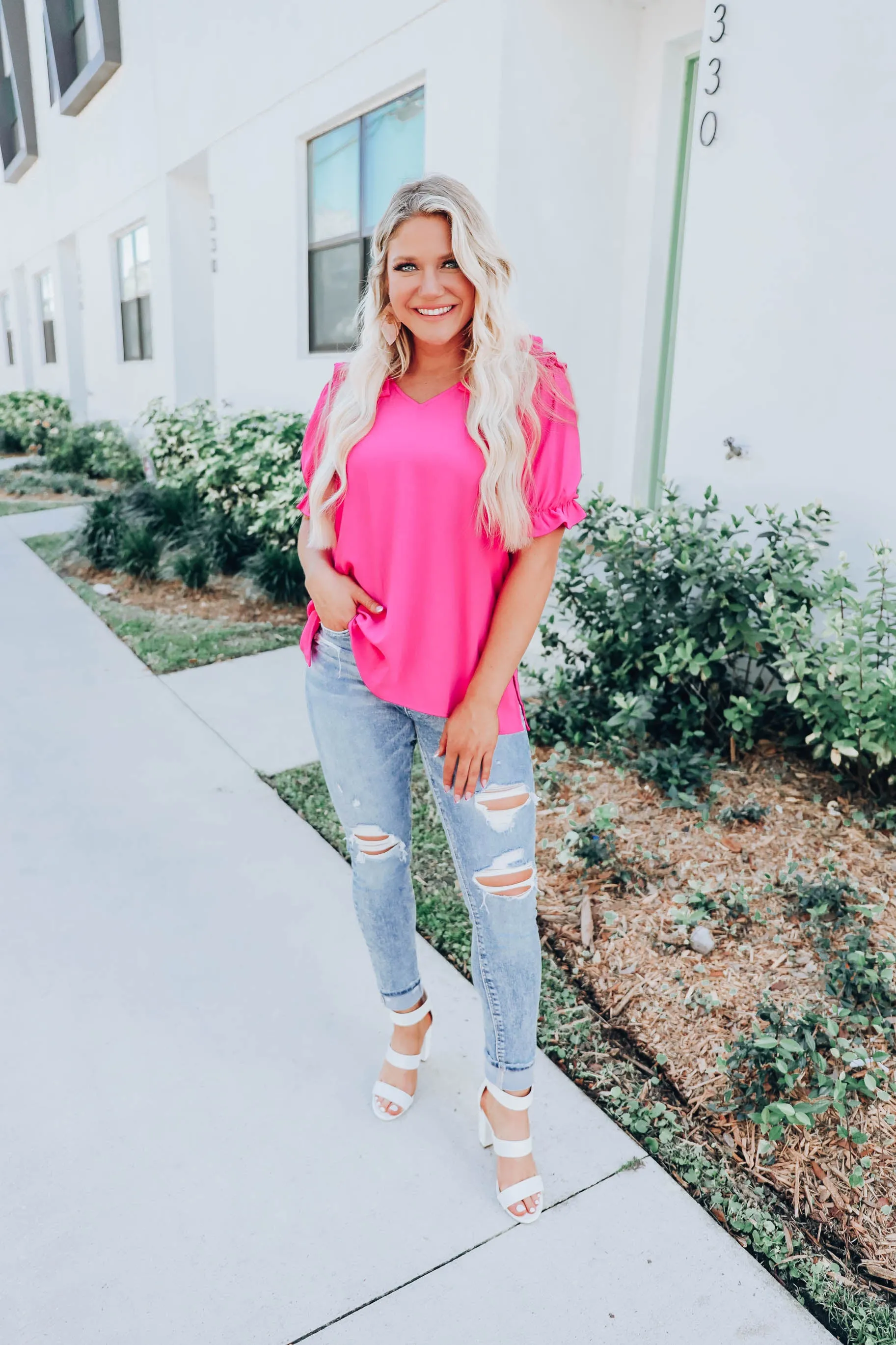 Essie Puff Sleeve Blouse - Hot Pink S-3X