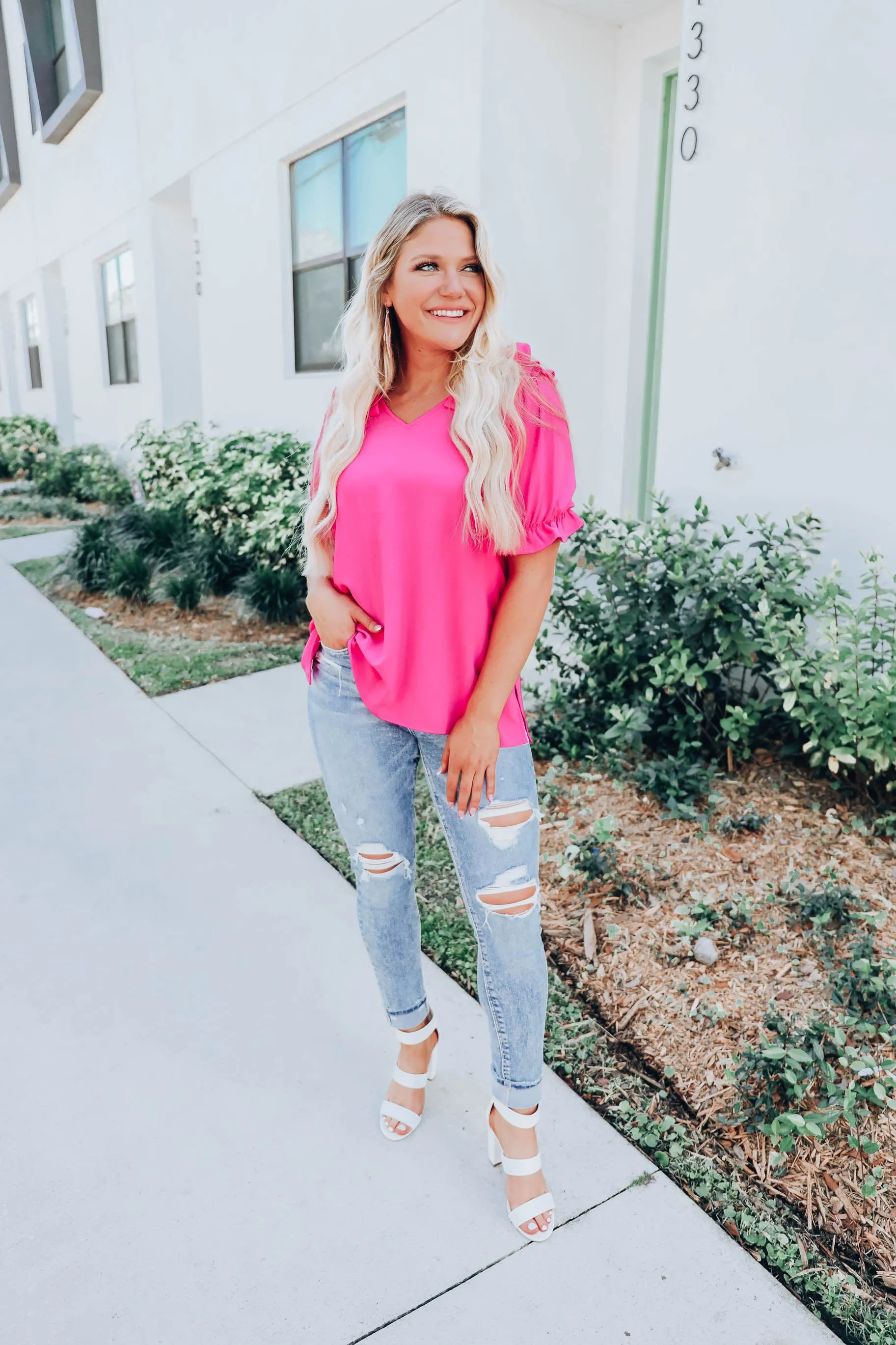 Essie Puff Sleeve Blouse - Hot Pink S-3X