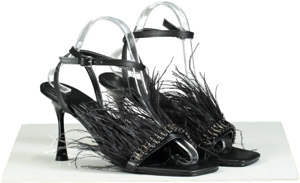 Gaelle Black Feather Trimmed Sandals UK 6 EU 39 👠