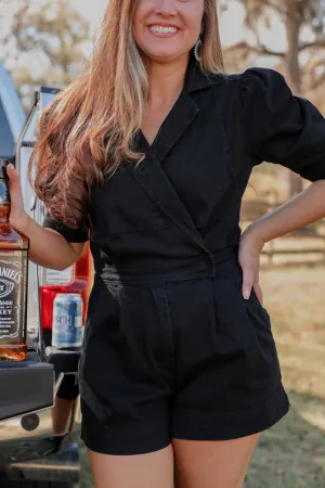 Go All-In Vibrant Surplice Denim Romper - Black