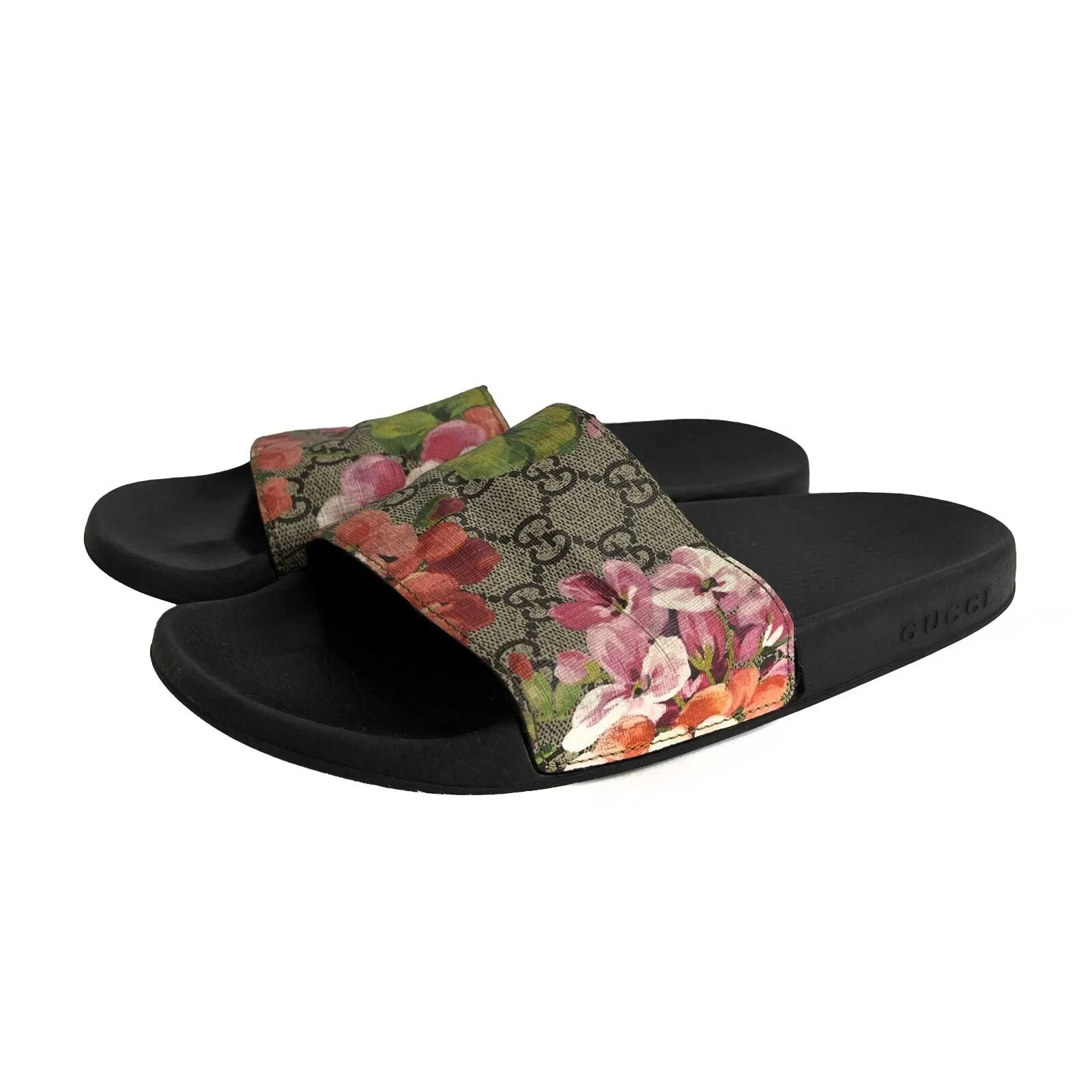 Gucci Women's Flora Bloom Supreme Print Slides Sandal Pink Black 39 US 9