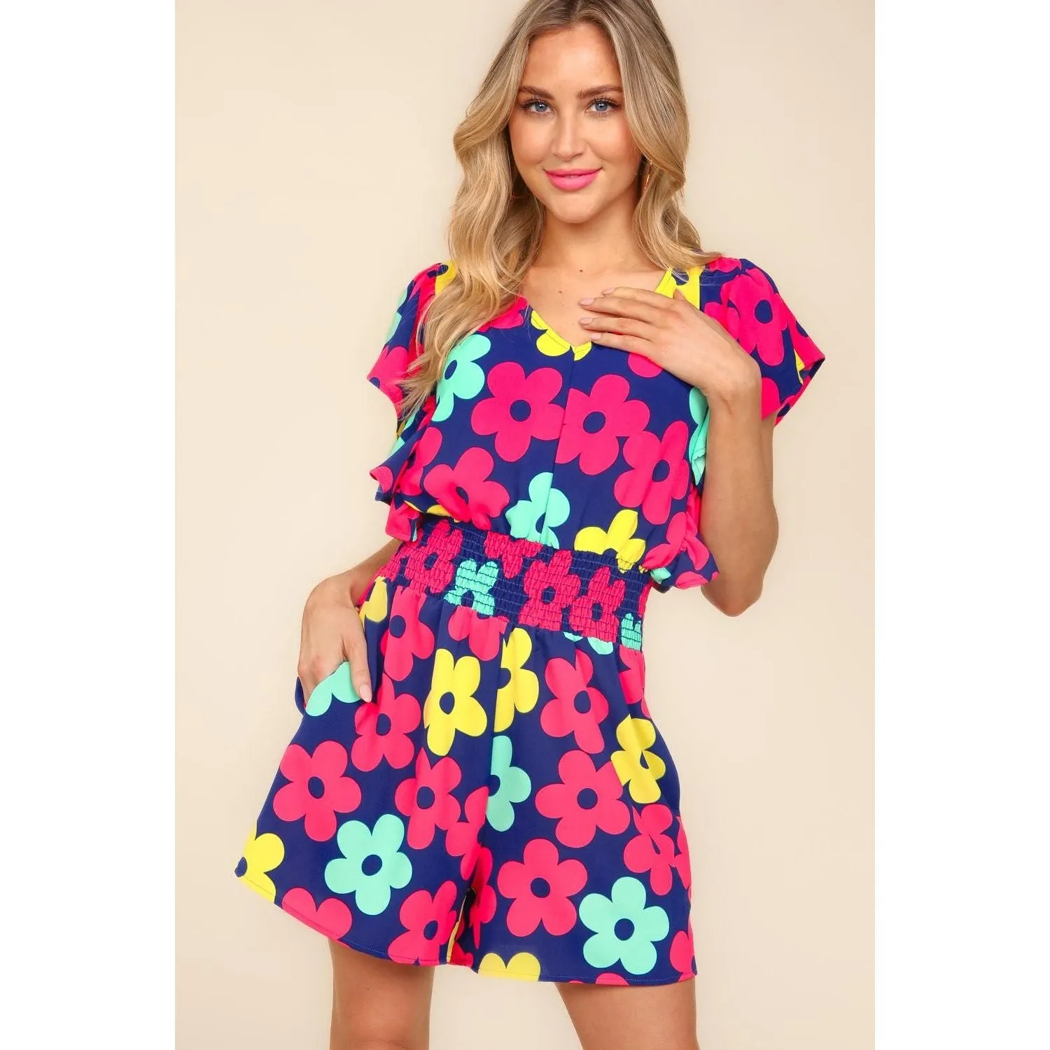 Haptics Floral Smocked Waist Romper with Side Pockets