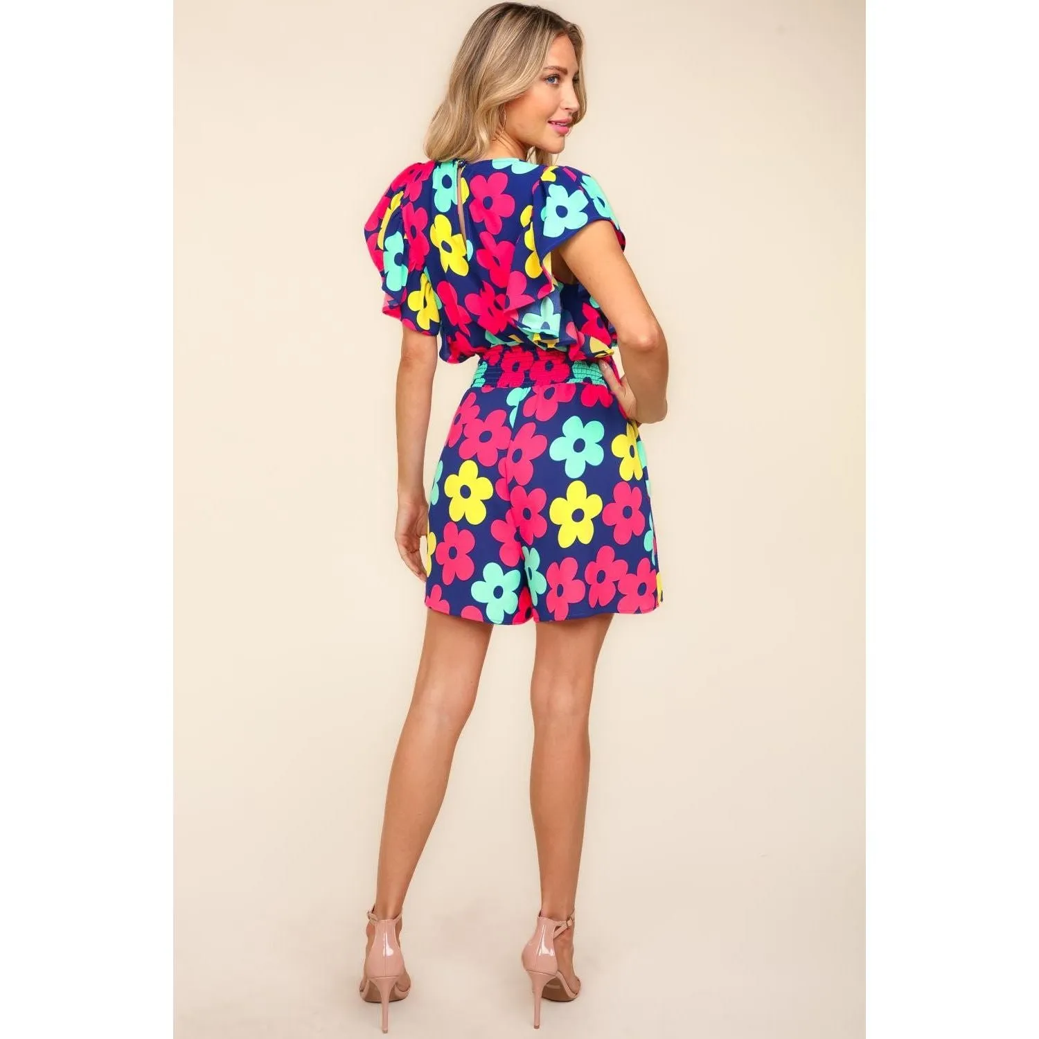 Haptics Floral Smocked Waist Romper with Side Pockets