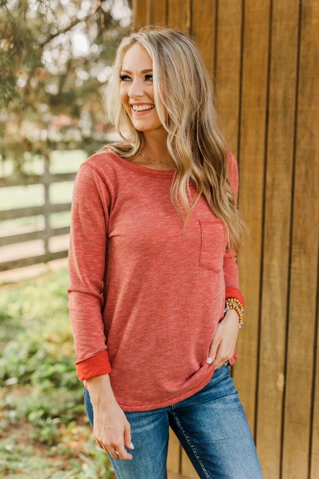 Harvest Happenings Knit Pocket Top- Dark Rust