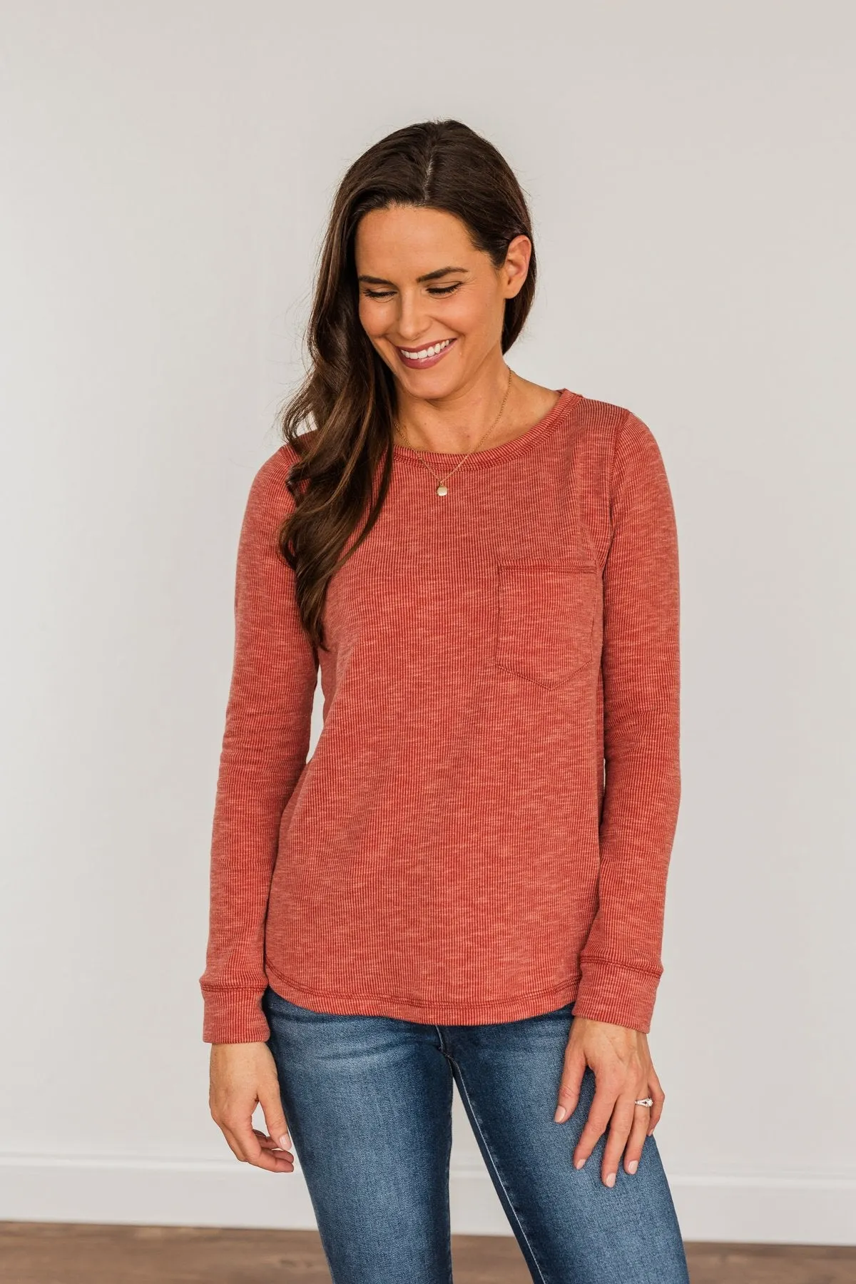Harvest Happenings Knit Pocket Top- Dark Rust