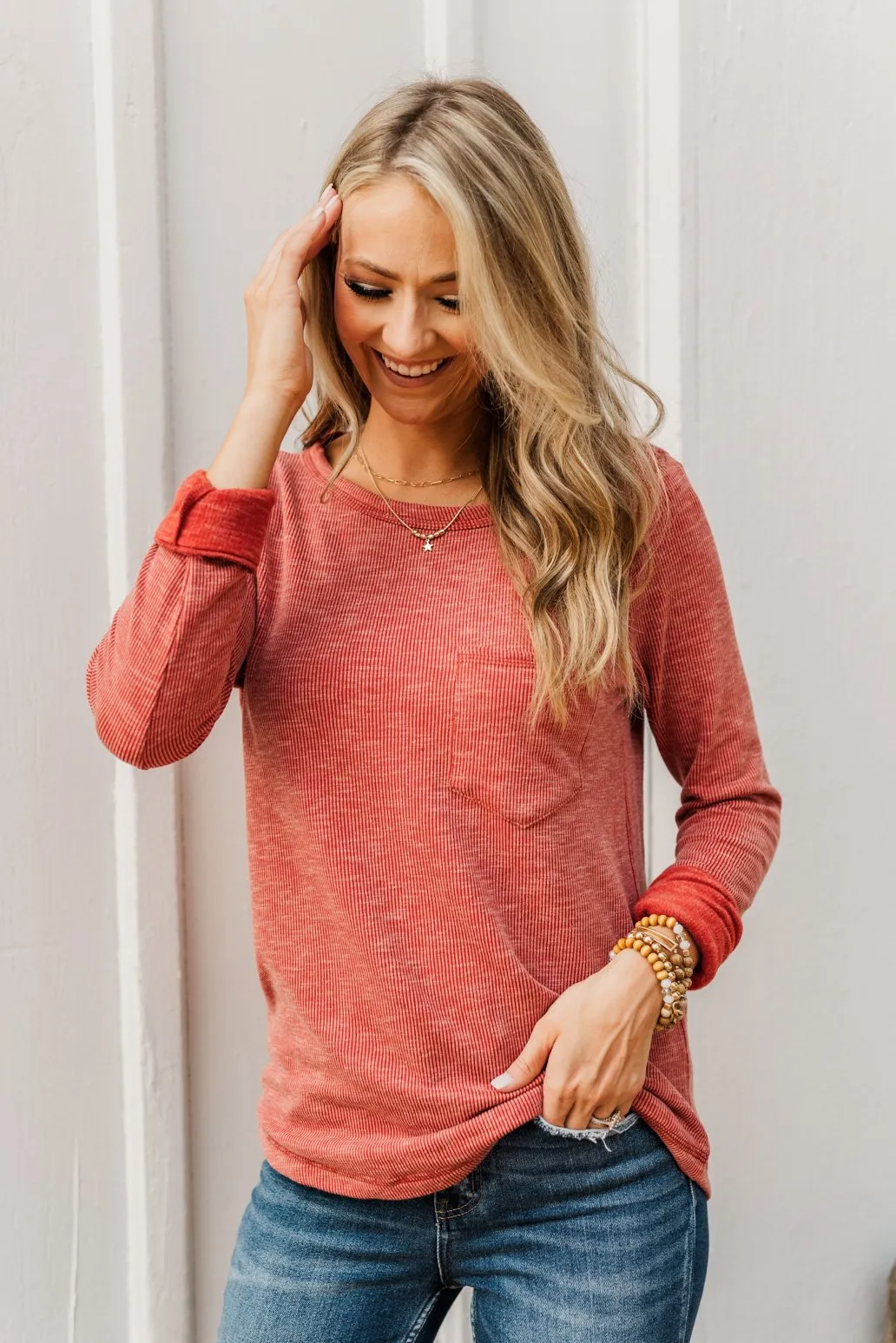 Harvest Happenings Knit Pocket Top- Dark Rust