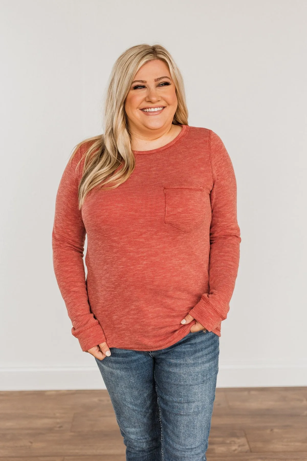 Harvest Happenings Knit Pocket Top- Dark Rust