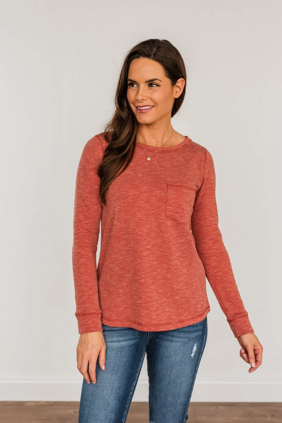 Harvest Happenings Knit Pocket Top- Dark Rust