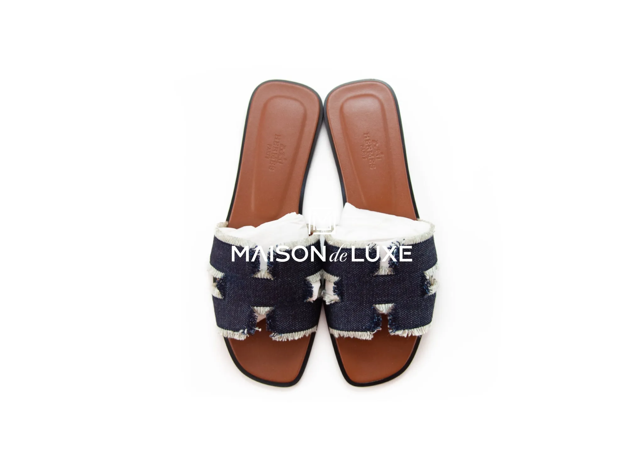 Hermes Women's Fringed Denim Blue Brut Oran Sandal 38