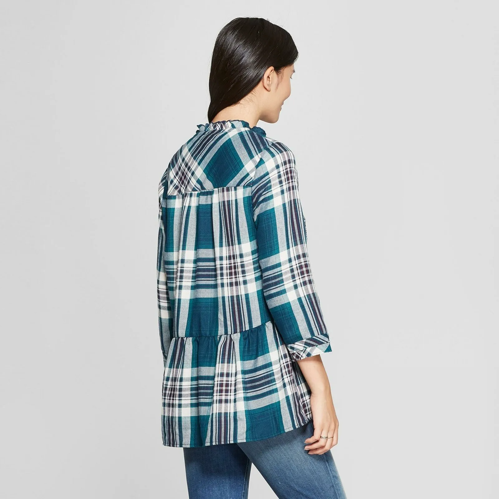 Knox Rose Women's Plaid 3/4 Sleeve Popover Flannel Shirt Top Blouse