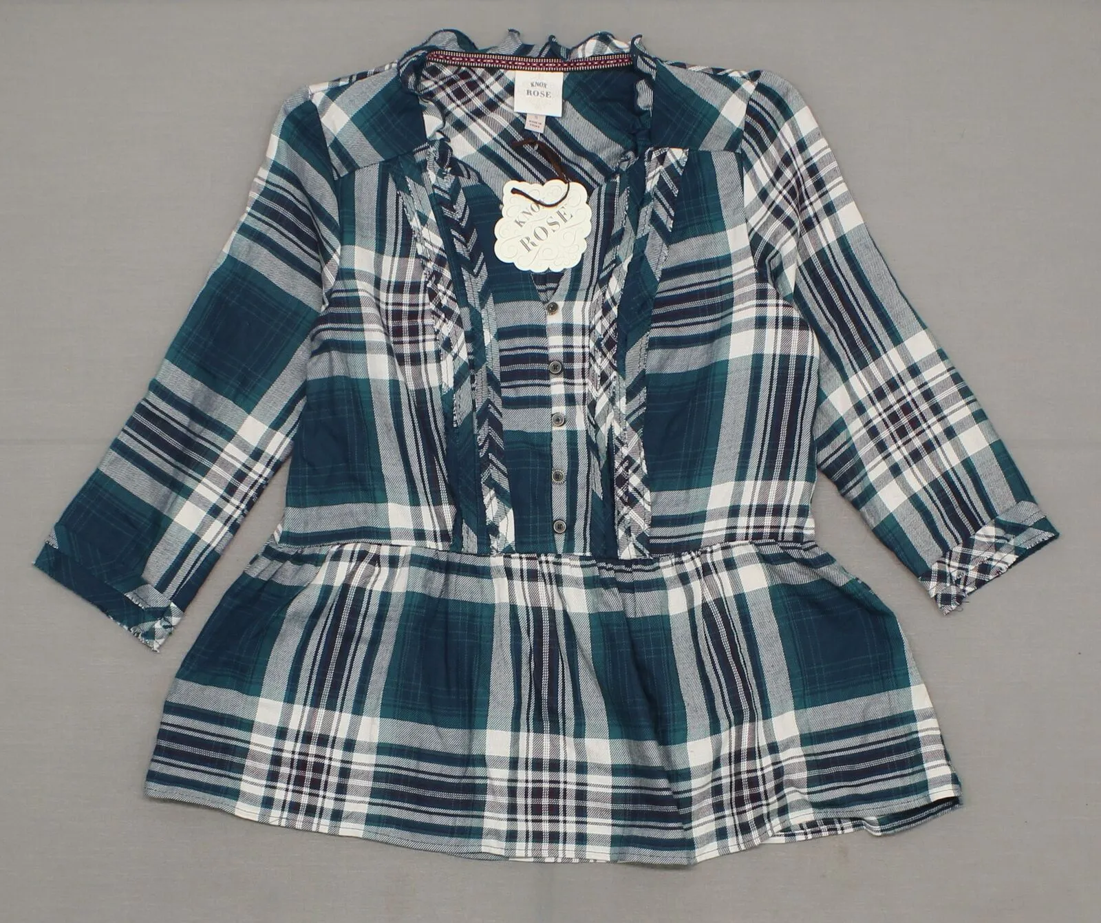 Knox Rose Women's Plaid 3/4 Sleeve Popover Flannel Shirt Top Blouse