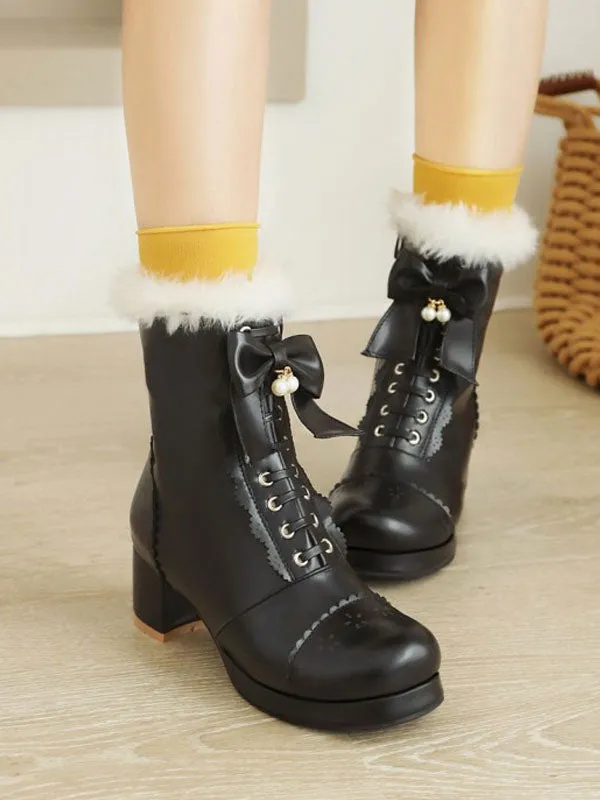 Lolita Ankle White PU Leather Bows Round Toe Lolita Footwear Sweet Lolita Boots