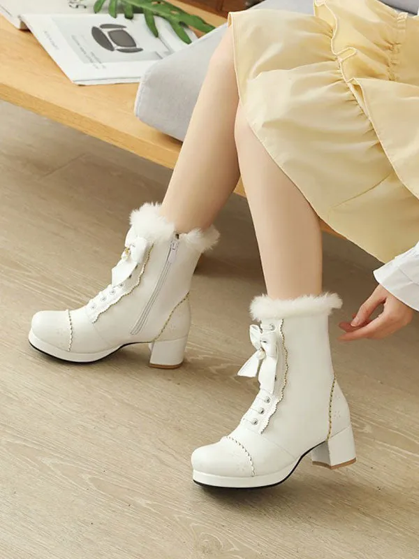 Lolita Ankle White PU Leather Bows Round Toe Lolita Footwear Sweet Lolita Boots