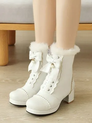 Lolita Ankle White PU Leather Bows Round Toe Lolita Footwear Sweet Lolita Boots
