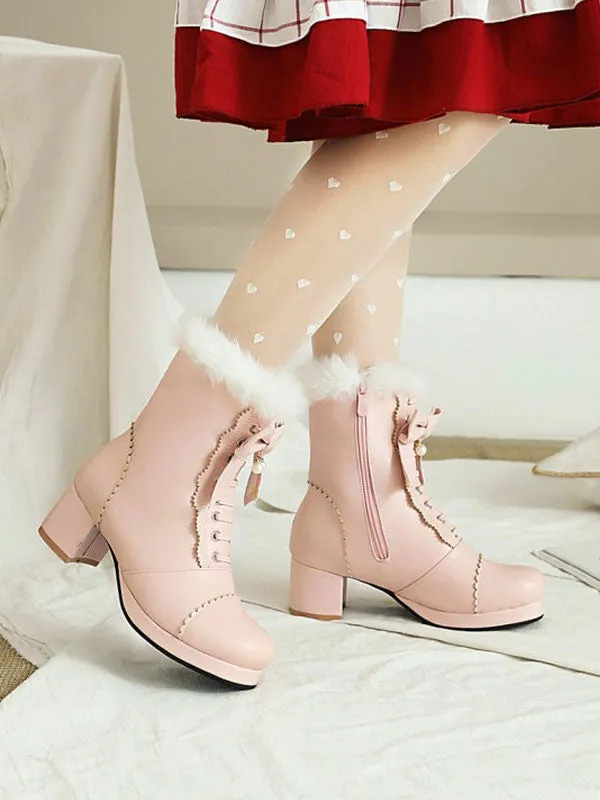 Lolita Ankle White PU Leather Bows Round Toe Lolita Footwear Sweet Lolita Boots