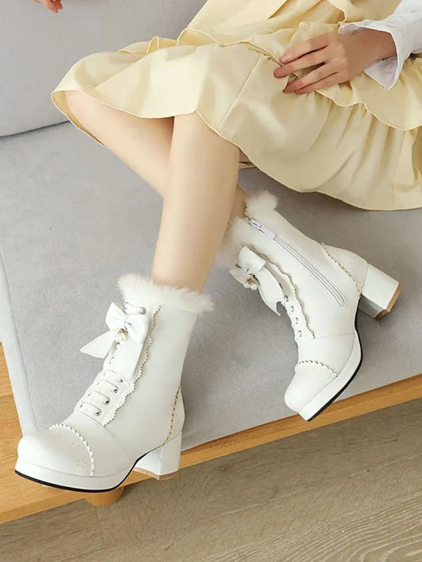 Lolita Ankle White PU Leather Bows Round Toe Lolita Footwear Sweet Lolita Boots