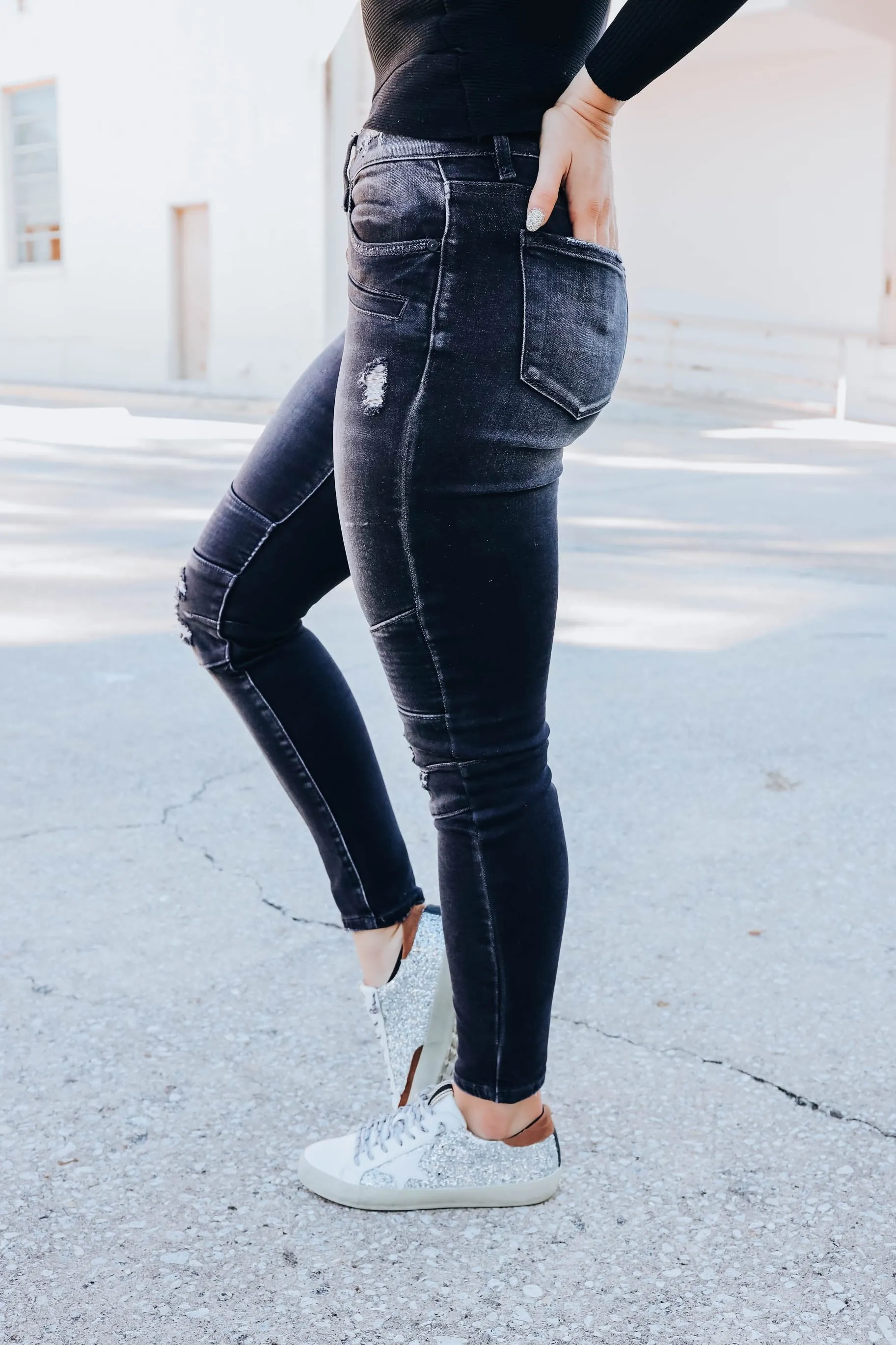Mason Mid Rise Moto Jeans - Black - Final Sale