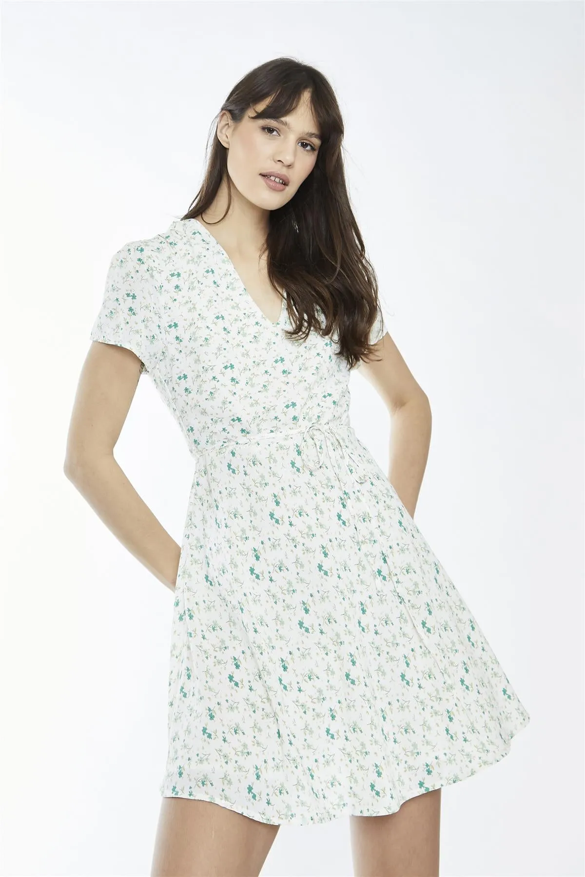 Multi-Green Ditsy V-Neck Mini-Dress