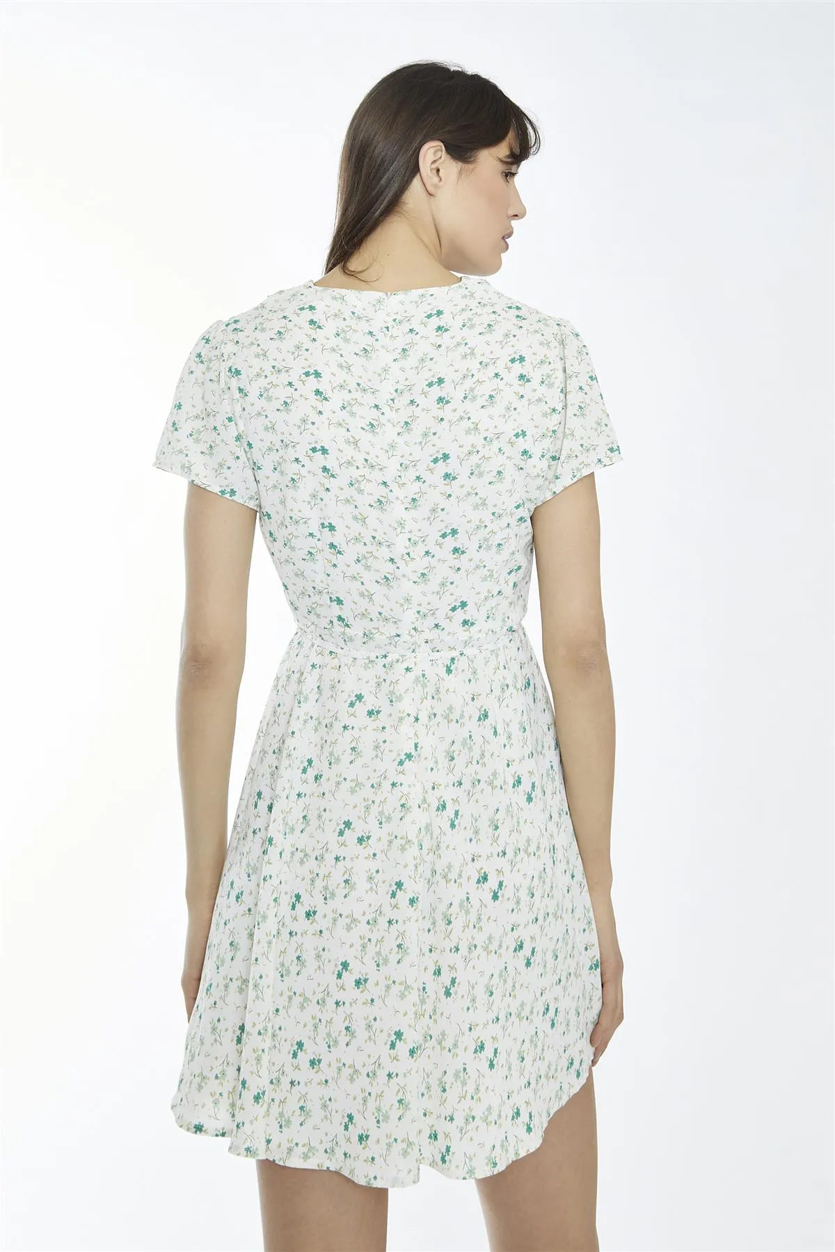 Multi-Green Ditsy V-Neck Mini-Dress