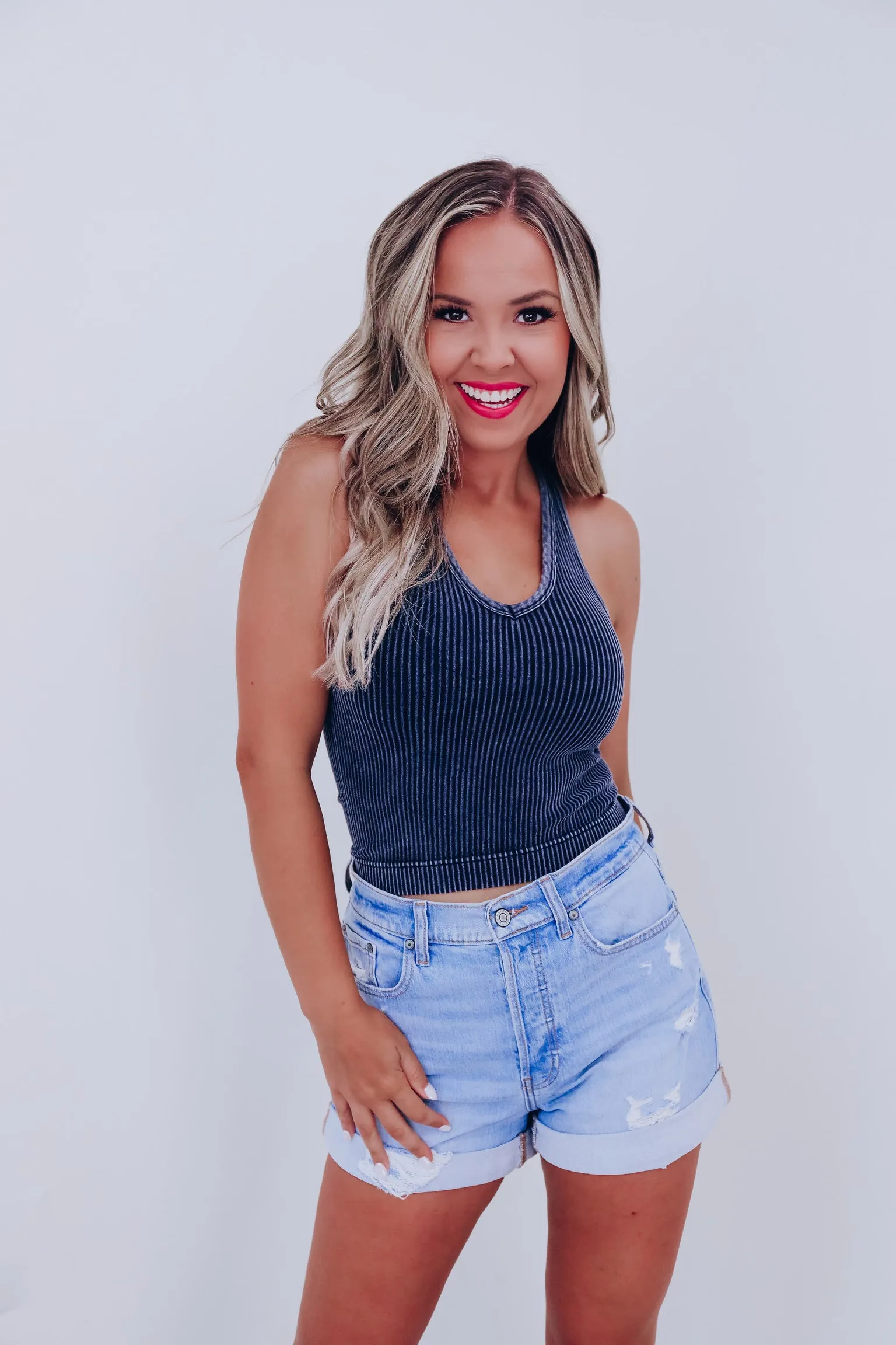 Must Have V-Neck Ribbed Tank - Ash Black