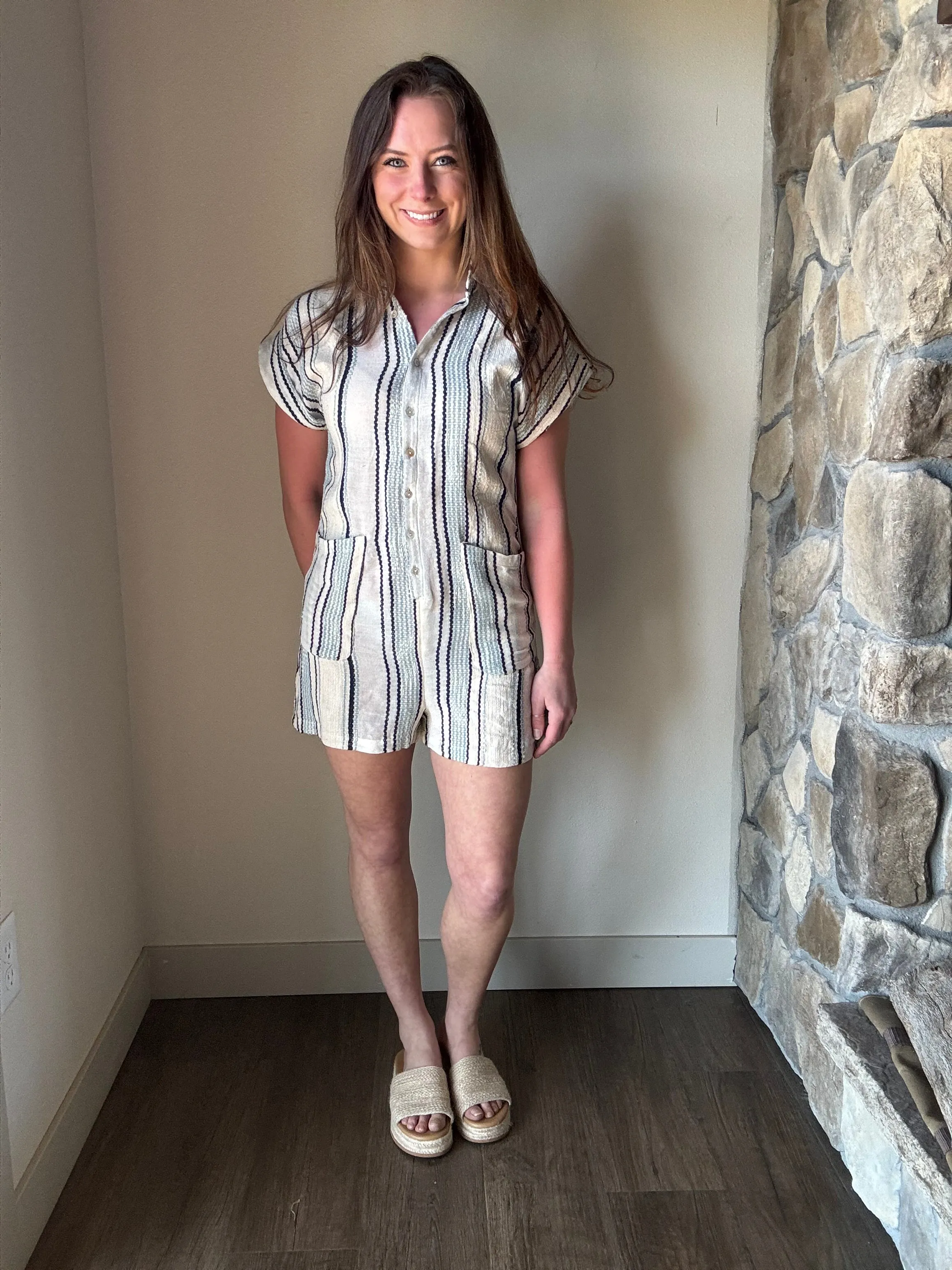 natural blue stripe romper